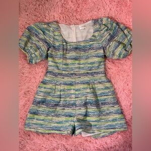 Lavender Brown Madison Romper Blue Green Tweed Puff Sleeve Square Neck Size L